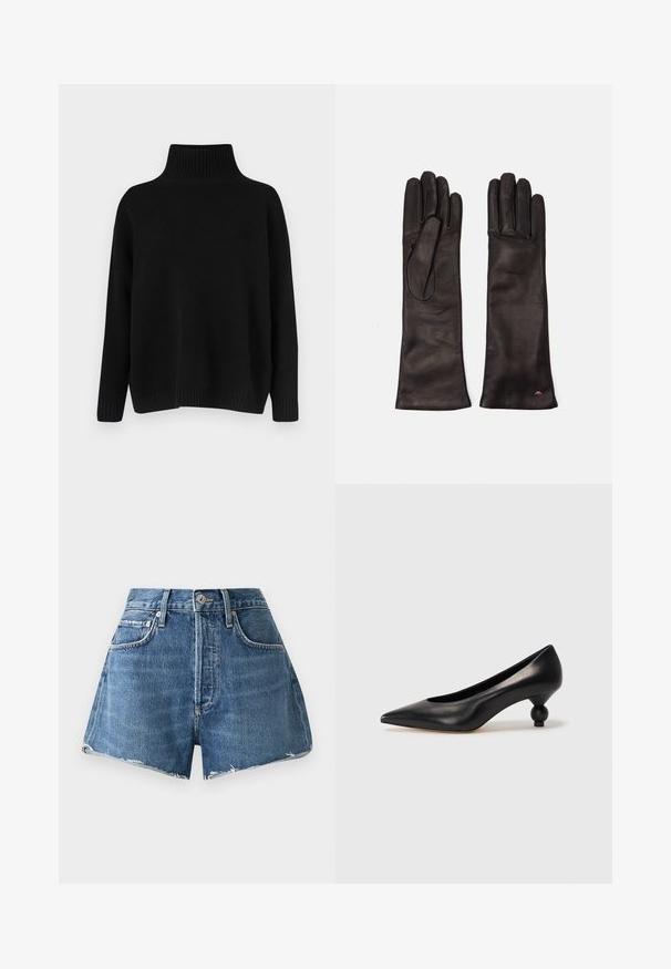 Melnā trikotāžas džemperis ar augstu ribu apkakli, nolaistām plecu līnijām un vaļīgu piegriezumu. Ar rievotām aprocēm un apakšu tekstūras radīšanai.; Gaiši zili džinsa šorti ar augstu jostas vietu, izplēstu apakšu, sānu kabatām un redzamām šūšanas detaļām. Aprīkoti ar klasisku pogu un rāvējslēdzēja aizdari.; Melnas ādas augstpapēžu kurpes ar smailu purngalu un apaļu papēdi. Gluda tekstūra ar elegantu, minimālistisku dizainu.; Weekend Max Mara SENAPE - Cimdi - nero