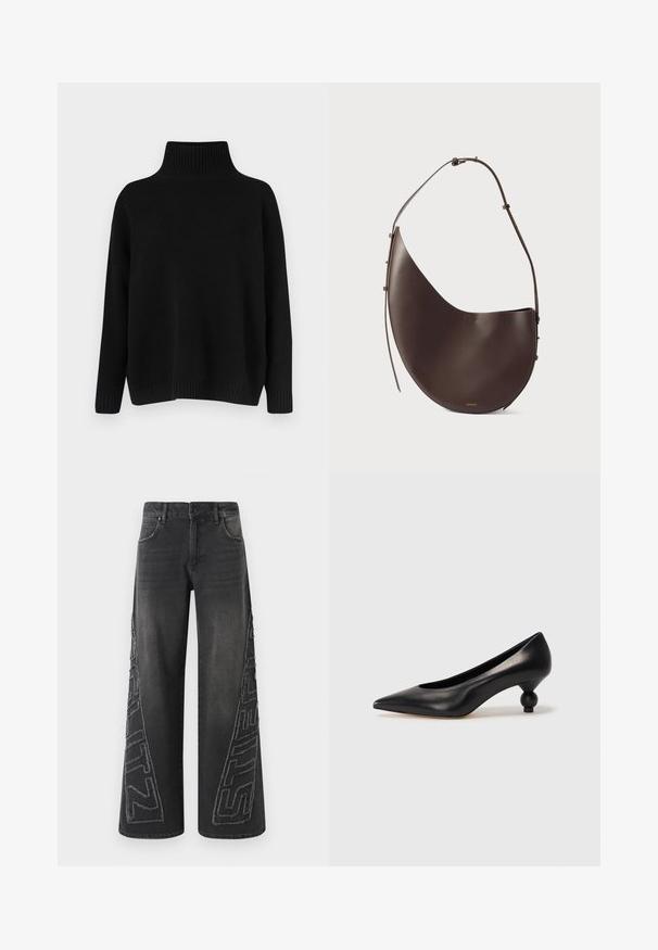 Černý pletený svetr s vysokým žebrovaným límcem, spadlými rameny a volnějším střihem. Má žebrované manžety a lem pro texturu.; Černé široké džíny z denimu, s vystrčenou vyšívanou grafikou po stranách a tradičním pětikapsovým designem.; Černá kožená vysoká bota na podpatku s špičatou špičkou a kulatým, zaobleným podpatkem. Hladká textura s elegantním, minimalistickým designem.; Hnědá kožená kabelka s zakřiveným tvarem, jedním popruhem a minimalistickým designem. Obsahuje nenápadné logo a zlaté kovové prvky.