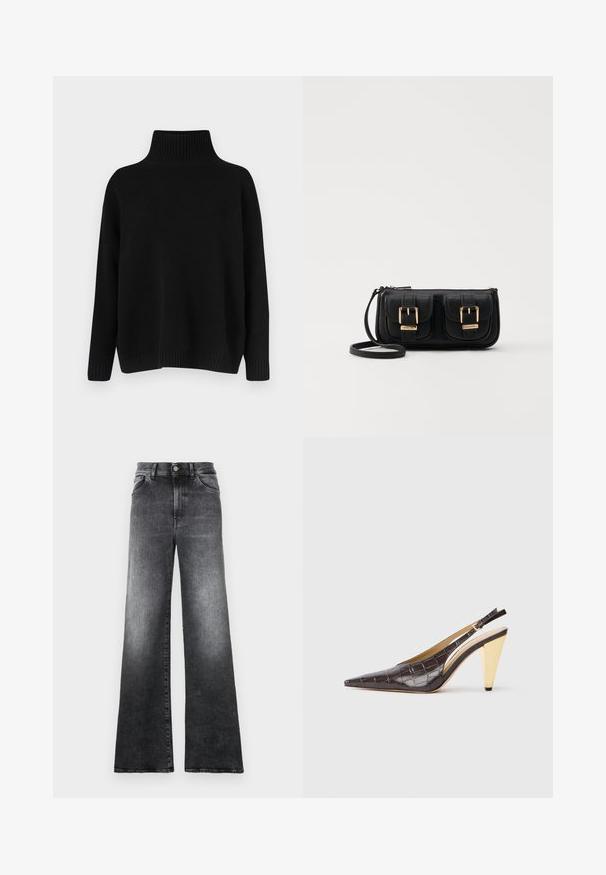 Mustast riidest kudumiga kampsun, millel on kõrge soonikuga krae, allapoole langetatud õlad ja lõdvestunud lõige. Omadusena soonikuga mansetid ja alumine ääreosa, mis lisavad tekstuuri.; Laiad jalutsid gradiente hallist denimist, millel on nööbikinnitus, viis taskut ja kulunud tekstuur.; Kitsas varbaga slingback konts tumepruunis läikivas kunstkrokodillinahast. Omab kuldse tooni geomeetrilist kontsa ja reguleeritavat pahkluu rihma.; Must küllastamata nahast õlakott, millel on kaks esist nähtavat taskut, kuldsed pandlad, tõmblukuga sulgemine ja peen rihm. Tekstuuriga pind ja kompaktne ristkülikukujuline kuju.