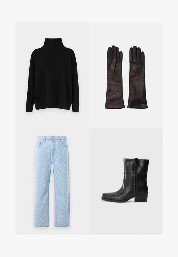 Fekete kötött pulóver magas bordázott gallérral, alacsony vállvonallal és laza szabással. Bordázott mandzsettákkal és szegéllyel rendelkezik a textúra érdekében.; Világoskék egyenes szabású farmer, amelyen diszkrét zebra csík minta található, gombos és cipzáros záródással, valamint öt zsebes kialakítással.; Fekete bőr bokacsizma lekerekített orral, blokk sarkúval, oldalsó cipzárral és varrásos díszítéssel az elején. Simább textúra, klasszikus dizájn.; Weekend Max Mara SENAPE - Kesztyűk - nero