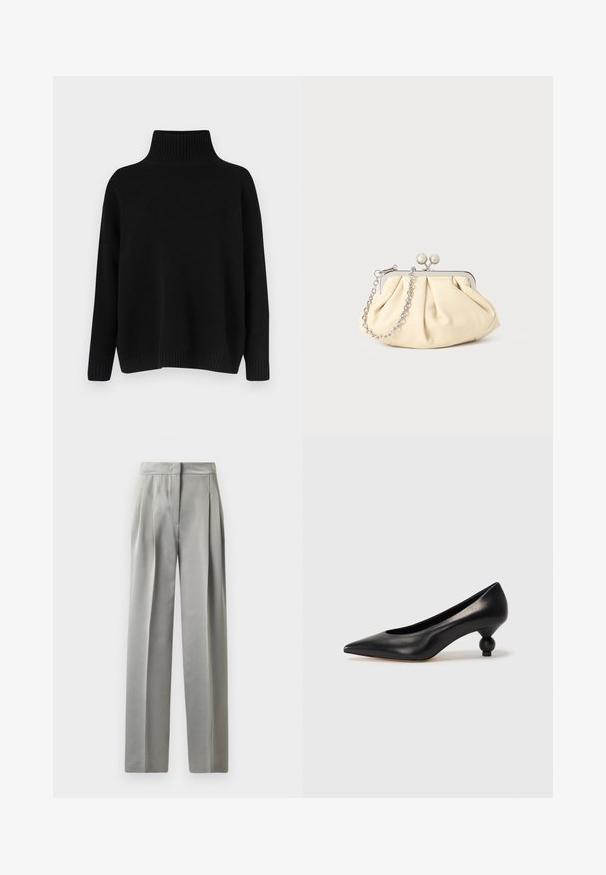 Sort strikket sweater med høj ribstrikket krave, sænkede skuldre og en afslappet pasform. Har ribstrikkede manchetter og kant for struktur.; Lysegrå skræddersyede bukser med en glat tekstur, der har plisseringer foran, en bred benlængde og en tætsiddende talje.; Sort læder høje hæle med spids tå og rund, kugleformet hæl. Glat tekstur med et stilrent, minimalistisk design.; Plisseret beige læderclutch med en sølvmetalramme, der har to runde dekorative låse og en sølvkædetrasporte.