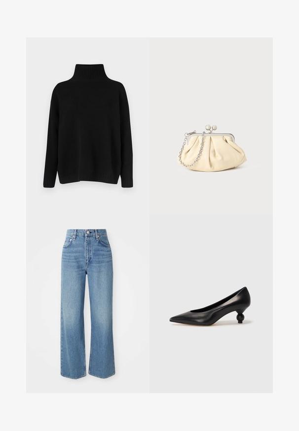 Sort strikket sweater med høj ribstrikket krave, sænkede skuldre og en afslappet pasform. Har ribstrikkede manchetter og kant for struktur.; Lyseblå denimjeans med høj talje, brede ben og rå kant. Har traditionelt femlomme-design og sølvfarvet knaplukning.; Sort læder høje hæle med spids tå og rund, kugleformet hæl. Glat tekstur med et stilrent, minimalistisk design.; Plisseret beige læderclutch med en sølvmetalramme, der har to runde dekorative låse og en sølvkædetrasporte.