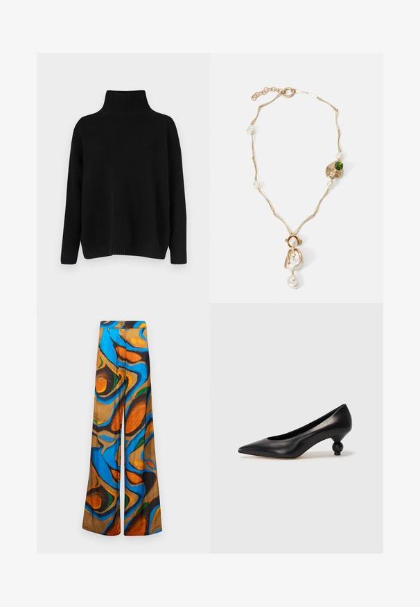 Schwarzer Strickpullover mit hohem, geripptem Kragen, herabgesetzten Schultern und lockerer Passform. Verfügt über gerippte Bündchen und Saum für zusätzliche Textur.; weite Hosen mit einem mehrfarbigen abstrakten Muster in Blau-, Orange- und Brauntönen. Hergestellt aus leichtem Stoff mit glatter Textur.; Schwarze Leder-Pumps mit spitzem Zehenbereich und runder, ballförmiger Ferse. Glatte Textur mit einem eleganten, minimalistischen Design.; Halskette in Goldton mit verdrehten Gliedern, weißen Perlen und einem grünen Steinelement. Verfügt über filigrane Details und einen Verschluss zum Schließen.