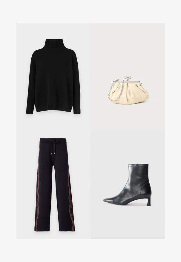 Pulover negru tricotat, cu guler înalt cu dungi groase, umeri lăsați și croială lejeră. Are manșete și tiv cu dungi groase pentru textură.; Pantaloni negri cu talie largă, dintr-un material moale, cu cusături decorative multicolore pe lateral și o talie ajustabilă cu șnur.; Cizmă de gleznă din piele neagră cu vârf ascuțit și un design elegant. Dispune de un toc mic și de o închidere cu fermoar la spate. Textură netedă.; Clutch din piele plisată bej, cu un cadru din metal argintiu, având două închideri decorative rotunde și o curea din lanț argintiu.