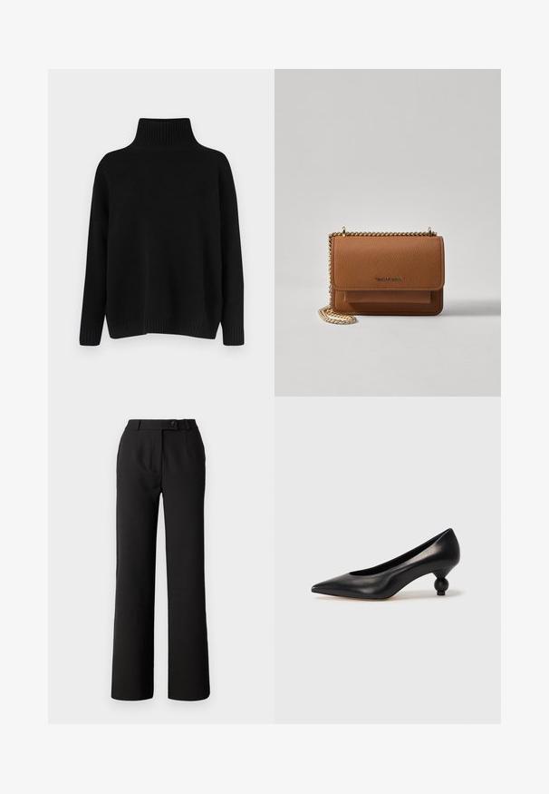 Black knitted sweater with a high ribbed collar, dropped shoulders, and a relaxed fit. Features ribbed cuffs and hem for texture.; Black trousers made of smooth fabric, featuring a straight leg design, front pleats, and a single button closure on the waistband.; Black leather high heel shoe with a pointed toe and a round, balled heel. Smooth texture with a sleek, minimal design.; Brown textured leather crossbody bag with gold chain strap and flap closure. Front features logo detail and a pocket under the flap.