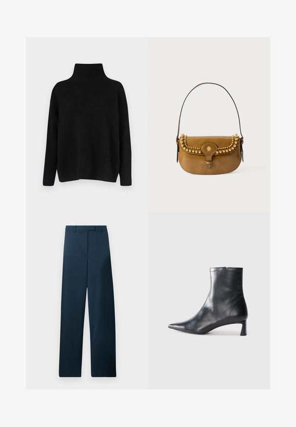 Melnā trikotāžas džemperis ar augstu ribu apkakli, nolaistām plecu līnijām un vaļīgu piegriezumu. Ar rievotām aprocēm un apakšu tekstūras radīšanai.; Tumši zilas plata kāju bikses ar gludu tekstūru, plakanu priekšu un jostas cilpiņām. Ievēro minimālistisku dizainu bez redzamām rakstu un akcentu detaļām.; Melnas ādas potītes zābaki ar norādītu pirkstu un elegantu dizainu. Iezīmē zemu papēdi un rāvējslēdzēja aizdari aizmugurē. Gluda tekstūra.; Brūnas ādas rokassomi ar izliekta formu, kuru rotā zelta kniedes gar augšējo malu, īsa siksna un sprādzītes aizdare.