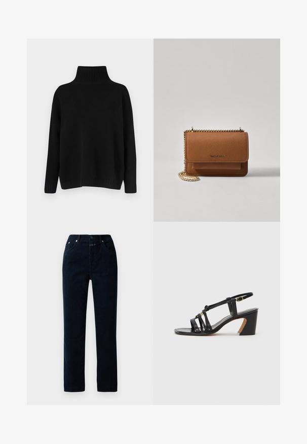 Fekete kötött pulóver magas bordázott gallérral, alacsony vállvonallal és laza szabással. Bordázott mandzsettákkal és szegéllyel rendelkezik a textúra érdekében.; Tengerészkék kordbársony nadrág egyenes lábbal, elülső zsebekkel, cipzáros sliccel és fémgombokkal a derékon.; Paul Smith AMIRA - Klasszikus sarkú cipők - black; Barna textúrájú bőr keresztbody táska arany lánc pánttal és fedélzárral. Az elején logó részlet és egy zseb található a fedél alatt.