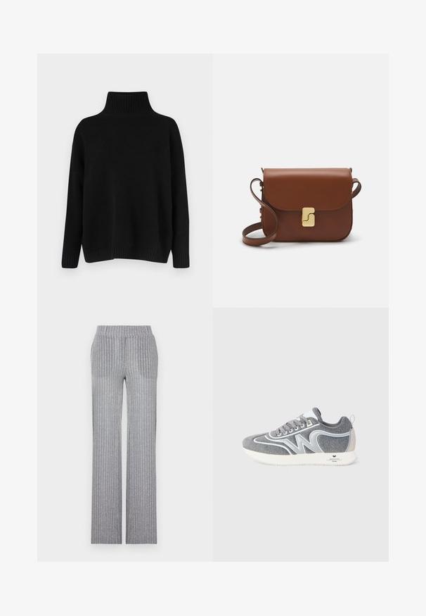 Camisola preta de malha com gola alta canelada, ombros caídos e corte solto. Apresenta punhos e bainha canelados para dar textura.; Calças cinzentas de malha canelada com uma cintura ajustada e pernas mais largas. Apresentam um brilho subtil e riscas verticais para textura.; Sapatilha de cano baixo em cinza e branco com atacadores, design em "W" na lateral e uma sola branca com a marca "Weekend Max Mara" no calcanhar.; Bolsa de couro castanho com fecho de aba, decoração em tom dourado, alça de ombro e textura suave. Formato retangular compacto.