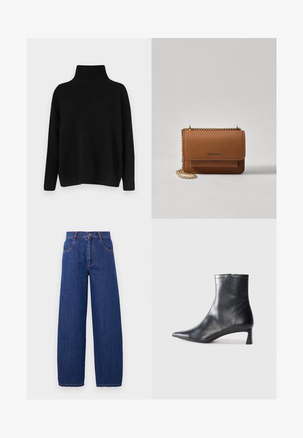 Černý pletený svetr s vysokým žebrovaným límcem, spadlými rameny a volnějším střihem. Má žebrované manžety a lem pro texturu.; Široké modré džíny s vysokým pasem, vybavené předními kapsami a oranžovým prošitím. Materiál má hladkou strukturu s klasickým vzhledem.; Černé kožené kotníkové boty s špičatou špičkou a elegantním designem. Mají nízký podpatek a zipové zapínání na zadní straně. Hladká textura.; Hnědá texturovaná kožená kabelka přes rameno se zlatým řetízkovým popruhem a klopnovým uzavíráním. Přední strana obsahuje detail loga a kapsu pod klopou.