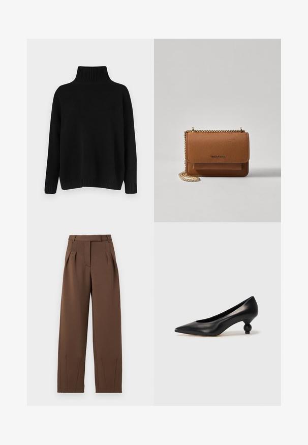Black knitted sweater with a high ribbed collar, dropped shoulders, and a relaxed fit. Features ribbed cuffs and hem for texture.; Brown trousers made of smooth fabric, with a high waistband, front pleats, and a relaxed fit. Features side pockets and tapered legs.; Black leather high heel shoe with a pointed toe and a round, balled heel. Smooth texture with a sleek, minimal design.; Brown textured leather crossbody bag with gold chain strap and flap closure. Front features logo detail and a pocket under the flap.