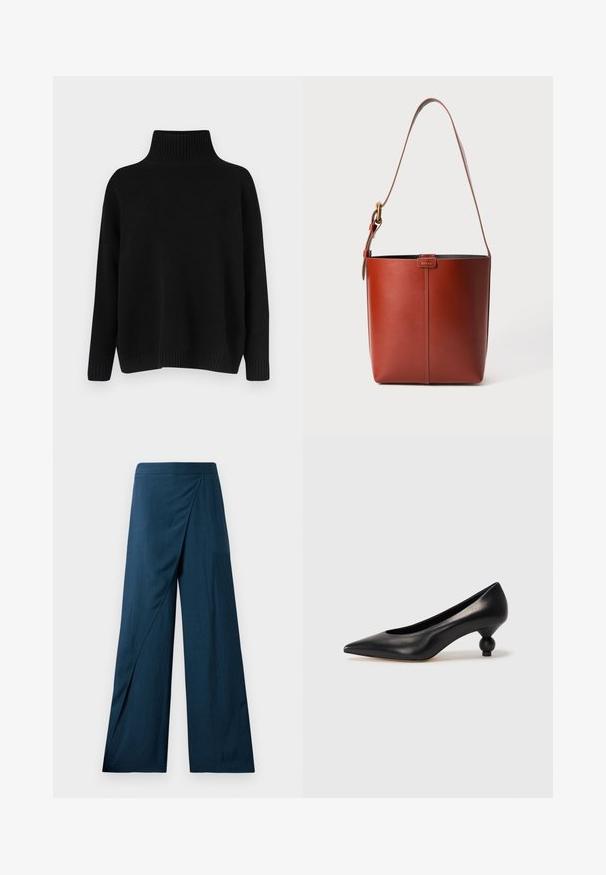Black knitted sweater with a high ribbed collar, dropped shoulders, and a relaxed fit. Features ribbed cuffs and hem for texture.; Wide-leg trousers in dark blue, featuring a wrap design and a smooth, textured fabric. The hem is slightly flared for a fluid silhouette.; Black leather high heel shoe with a pointed toe and a round, balled heel. Smooth texture with a sleek, minimal design.; Brown leather bucket bag with adjustable shoulder strap and gold-tone buckle, simple vertical seam detail on front.