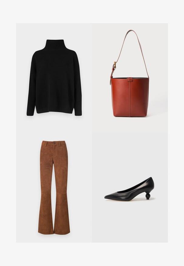Zwarte gebreide trui met een hoge, geribbelde kraag, verlaagde schouders en een ontspannen pasvorm. Voorzien van geribbelde manchetten en zoom voor textuur.; Bruine flared broek van een suede-achtige stof, met een sluiting met een knoop aan de voorkant, riemlussen en twee voorzakken. Soepele textuur over het geheel.; Zwarte leren hoge hak schoen met een spitse neus en een ronde, bolle hak. Gladde textuur met een elegant, minimalistisch ontwerp.; Bruine lederen emmerzak met verstelbare schouderband en gouden gesp, eenvoudige verticale naaddetails aan de voorkant.