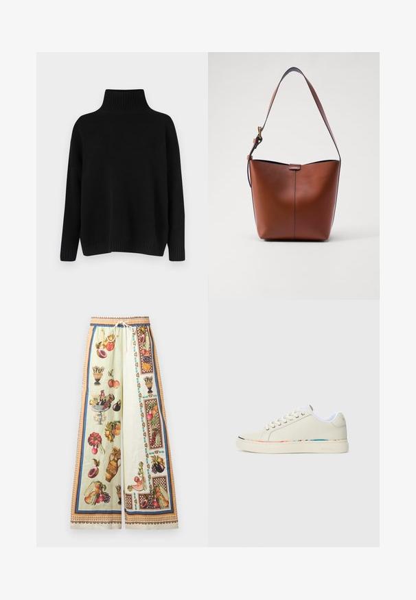 Mustast riidest kudumiga kampsun, millel on kõrge soonikuga krae, allapoole langetatud õlad ja lõdvestunud lõige. Omadusena soonikuga mansetid ja alumine ääreosa, mis lisavad tekstuuri.; Kerged sääred kergedest kangast, millel on pastellroheline taust ja värvikad puuviljade ja vaaside illustreerimised. Elastne vöökoht ja kinnitusnöör.; Kreem valged madalad tossud, millel on nööridega disain, valge sisevooder ja peen multivärviline äär sole ääres, külgvaade.; Pruun nahast õlakott, millel on kaarjas kuju, sile tekstuur ja üks õhuke rihm. Omab peent õmblust ja väikest logo detaili.