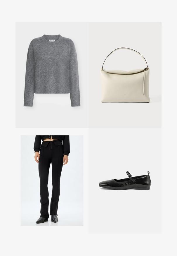 Harmaa neulottu paita pyöreällä kaula-aukolla, pitkillä hihoilla ja lyhyellä mallilla. Pehmeä rakenne ja hienovarainen kiilto. Sisäpuolella näkyvä merkintä.; Musta kapea housut, joissa on korkea vyötärö, vetoketjukiinnitys ja sauma yksityiskohtia. Sileä tekstuuri, jossa on lievä leveneminen alaosassa.; Musta patenttinaahkakenkä litteällä pohjalla, terävä kärki, nilkkahihna soljella ja sileä, kiiltävä pinta. Matala korko mukavuutta varten.; Kermanvärinen nahkalaukku, jossa on yksittäinen olkahihna, minimalistinen muotoilu ja vetoketjun vetimen yksityiskohta yksivärisellä taustalla.