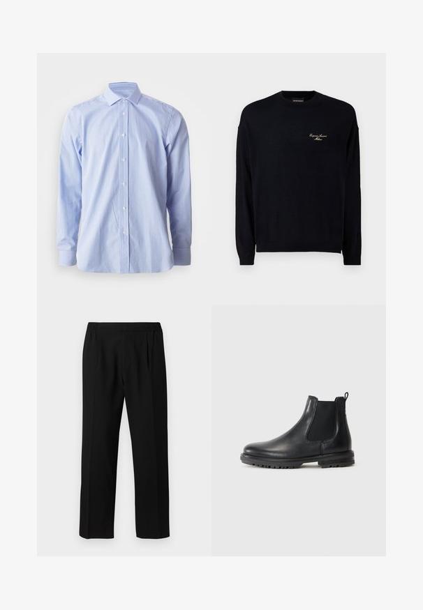 Černý svetr s dlouhým rukávem vyrobený z měkkého materiálu, s kulatým výstřihem a malým zlatě vyšitým logem na prsou.; Modrá a bílá pruhovaná košile, dlouhé rukávy, zapínání na knoflíky, špičatý límec, bavlněný materiál, hladký povrch, klasický střih.; Světle modrá dlouhá polo tričko s texturovanou tkaninou, límečkem a zapínáním na dva knoflíky, s vyšitým logem "BOSS" na hrudi.; Černé kalhoty vyrobené z hladké tkaniny, s elastickým pasem, rovnými nohavicemi a dvěma předními záhyby pro zvýšení detailu.; Černé kožené Chelsea boty s elastickými bočními panely, poutkem, zaoblenou špičkou a robustní podrážkou s protiskluzovými drážkami.