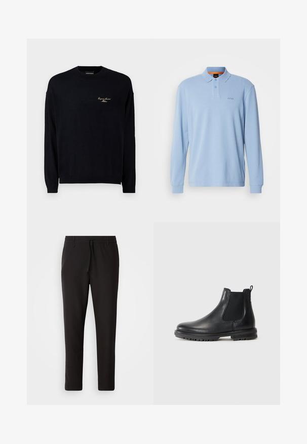 Melna garo piedurknu džemperis, izgatavots no mīksta auduma, ar apaļu kakla izgriezumu un mazu zeltītu izšuvumu uz krūtīm.; Gaiši zils garām piedurknēm polo krekls ar teksturētu audumu, ar apkakli un divu pogu aizdari, uz krūtīm ir izšūts "BOSS" logo.; Melnas sporta bikses no gludas auduma. Tām ir elastīga josta ar auklu, sašaurinātas kājas un nav redzamu kabatu. Vienkāršs dizains.; Melnas ādas Čelsijas zābaki ar elastīgām sānu paneļiem, vilkšanas cilpu, noapaļotu purngalu un izturīgu zoli ar gumijas protektora rievām.