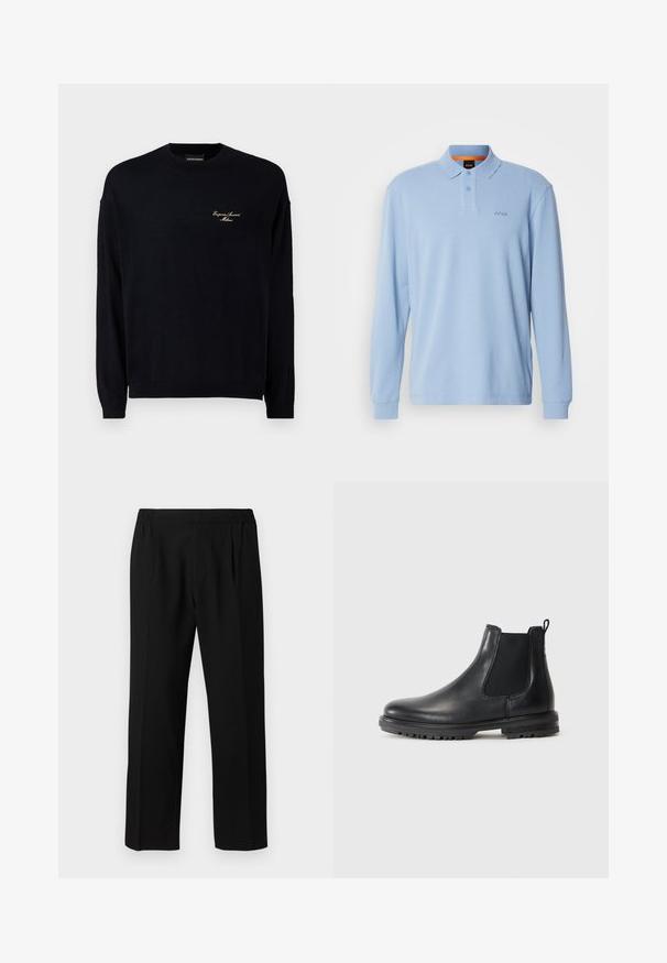 Fekete, hosszú ujjú pulóver, puha anyagból készült, kerek nyakkivágással és egy kis arany hímzett logóval a mellrészen.; Világoskék, hosszú ujjú pólóing strukturált anyagból, gallérral és két gombbal, az elején hímzett "BOSS" logóval.; Fekete nadrág sima anyagból, rugalmas derékrésszel, egyenes lábbal és két elülső pliszével a részletekhez.; Fekete bőr Chelsea csizma elasztikus oldalsó panelekkel, húzófüllel, kerek orral és strapabíró talppal, amely tapadóbarázdákkal rendelkezik.