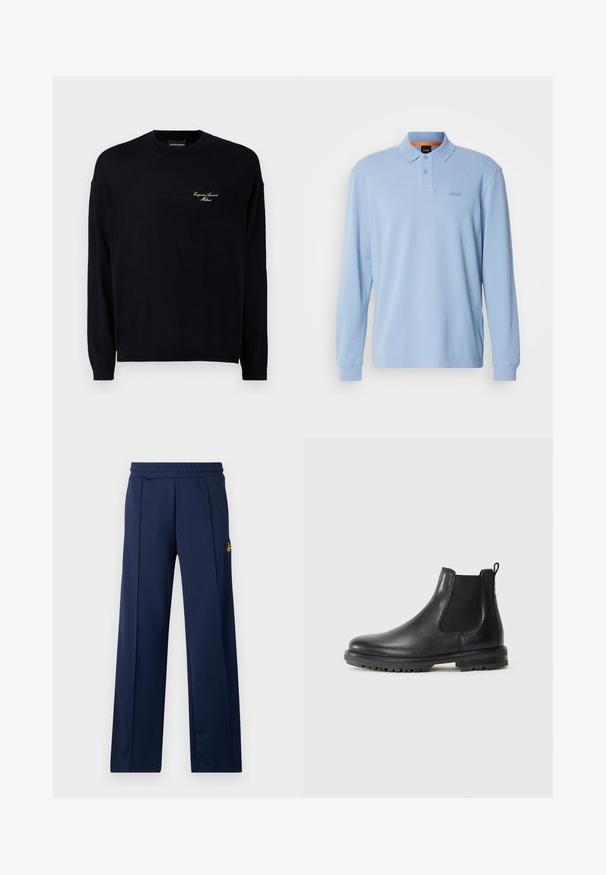 Sort langærmet sweater lavet af et blødt stof, med rund hals og et lille guld broderet logo på brystet.; Lyseblå langærmet polo skjorte i struktureret stof med krave og to-knap lukning, udstyret med broderet "BOSS" logo på brystet.; Mørkeblå atletiske bukser med en glat tekstur, elastisk talje og et lille broderet logo på venstre ben. Klassisk lige ben-design.; Sort læder Chelsea-støvle med elastiske sidepaneler, strop, rund tå og robust sål med grebsgroove.