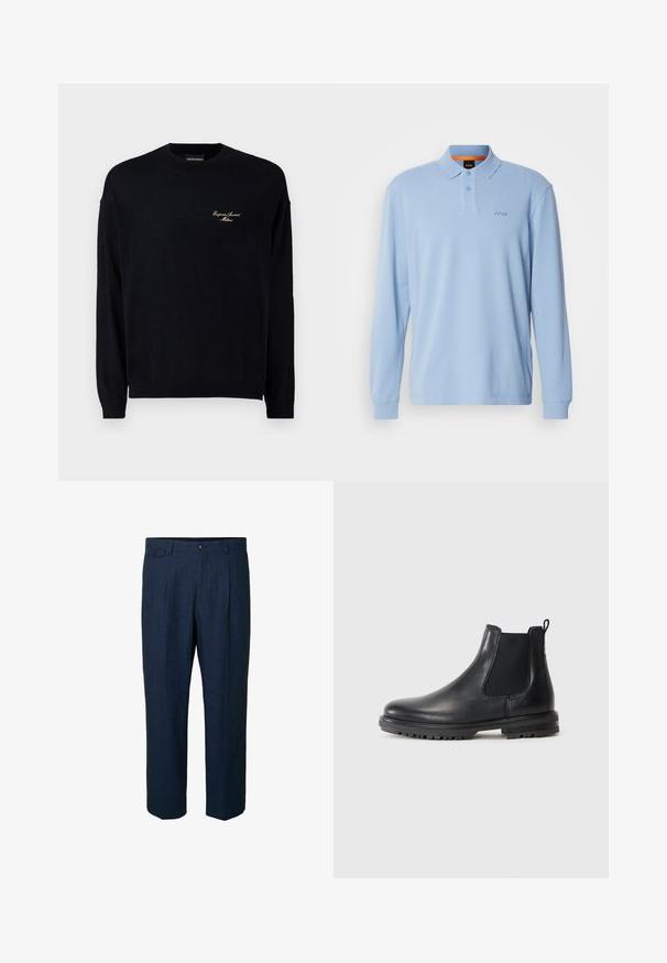 Juodas ilgas megztinis su ilgomis rankovėmis, pagamintas iš švelnios medžiagos, turintis apvalią iškirptę ir mažą auksinį siuvinėtą logotipą ant krūtinės.; Šviesiai mėlynas ilgos rankovės polo marškinėliai iš tekstūruotos medžiagos, su apykakle ir dviejų mygtukų užsegimu, su išsiuvinėtu "BOSS" logotipu ant krūtinės.; Tamsiai mėlynos lino kelnės su tiesiu iškirpimu, turinčios dvi priekinės kišenes, dvi galines kišenes ir vieną mygtuko užsegimą juosmens srityje.; Juodos odinės Chelsea botai su elastinėmis šoninėmis juostelėmis, traukimo juostele, apvaliu pirštu ir tvirtu padu, turinčiu sukibimo griovelius.