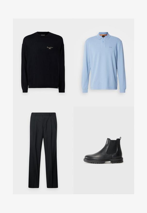 Černý svetr s dlouhým rukávem vyrobený z měkkého materiálu, s kulatým výstřihem a malým zlatě vyšitým logem na prsou.; Světle modrá dlouhá polo tričko s texturovanou tkaninou, límečkem a zapínáním na dva knoflíky, s vyšitým logem "BOSS" na hrudi.; Černé kalhoty s plisováním, vyrobené z hladké látky. Mají rovný střih, pas s poutky a bez kapes. Jednoduchý design.; Černé kožené Chelsea boty s elastickými bočními panely, poutkem, zaoblenou špičkou a robustní podrážkou s protiskluzovými drážkami.