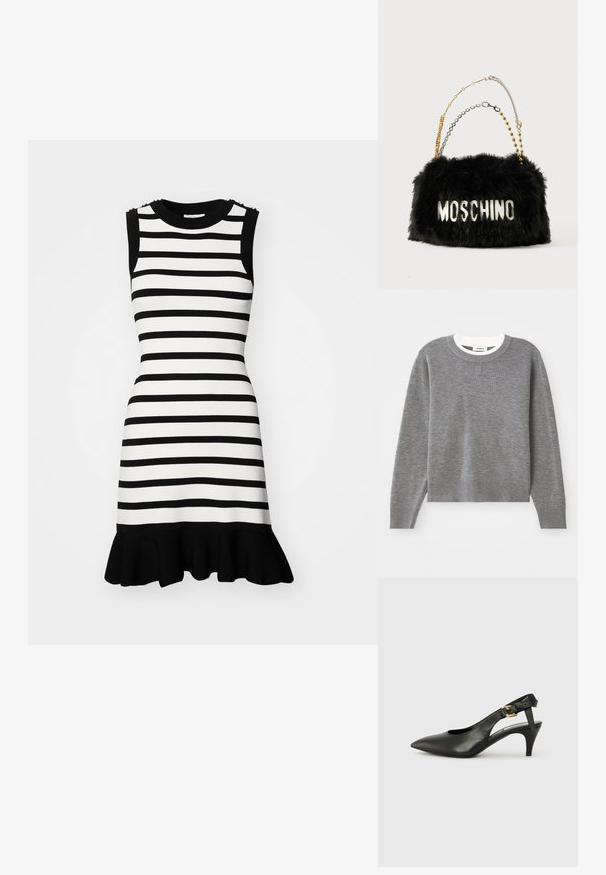 Siv pulover z dolgimi rokavi, okroglim izrezom in rebrastimi manšetami ter robom. Ima teksturirano pletenino in majhno logo na prsih.; Črna-bela črtasta obleka z oprijetim krojem, brez rokavov in razširjenim črnim volančkom na robu; ima dekorativno kovinsko opremo na ramah.; Črne usnjene slingback pumpe z usnjatim vrhom, majhnim peto in sponko na trakcu okoli gležnja. Gladka tekstura, minimalistična zasnova.; Črna torbica iz umetnega krzna z zlatimi in srebrnimi verižnimi naramnicami. Na sprednji strani je napis "MOSCHINO" v belem. Ima mehko teksturo in pravokotno obliko.