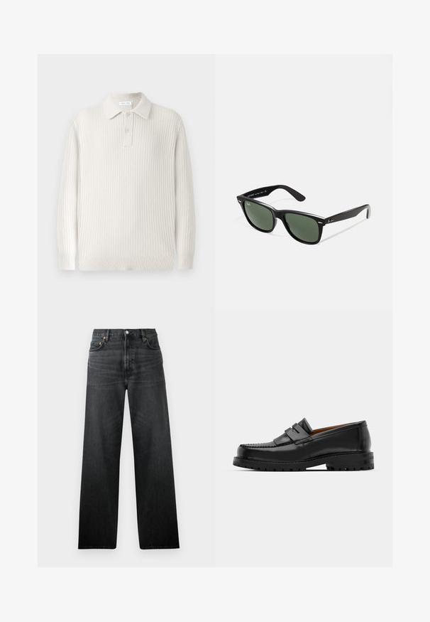 Lys beige strikket polo sweater med ribbet tekstur, en krave og to knapper. Har lange ærmer og en tætsiddende kant.; Sorte denimbukser med lige ben, der har fem lommer og knappelukning. Stof har en let glans og synlig tekstur.; Sorte læder loafers har en forhøjet søm, to dekorative remme på overdelen og en tyk struktureret sål for bedre greb.; Sorte plastiksolkaber med grønne linser, firkantede stel, sølvaccent på brynene og teksturerede templede arme. Angivet mærke på den indre arm.