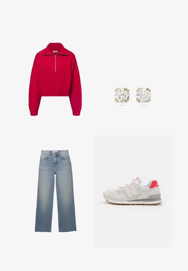 Roter, verkürzter Pullover mit hohem, geripptem Kragen und silbernem Halb-Reißverschluss. Strickstruktur mit weiten Ärmeln und enganliegendem Saum.; Helle blaue weit geschnittene Jeans aus Denim mit hoher Taille, vorderen Taschen und einem Knopfverschluss. Glatte Textur mit ausgewaschenen Stellen.; Hellgraue Wildledersneaker mit Netzdetails, pinkem Logo und rotem Fersenelement. Verfügt über eine weiße Zwischensohle und eine Gummigummisohle für guten Halt.; Diamant-Ohrstecker mit rund geschliffenen Steinen, gefasst in sechszackigen Gelbgoldfassungen, mit einer transparenten, funkelnden Oberfläche.