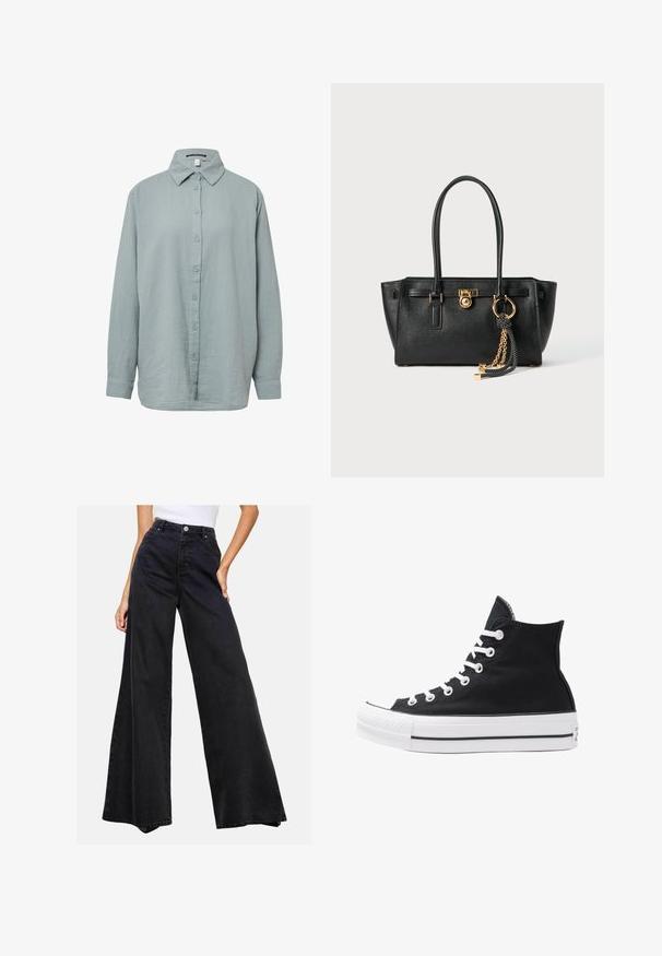 Šviesiai pilkas džemperis su grafika, kurioje pavaizduotas lokys mėlynos spalvos paltu ir baltu kostiumu. Raukšlėti rankogaliai ir apatinė dalis. Žemiau tekstas "Polo Bear by Ralph Lauren".; Šviesiai mėlynas, ilgomis rankovėmis mygtukų marškinys. Pagamintas iš minkštos, tekstūruotos medžiagos, turi standartinį apykaklę, su mygtukų uždarymu priekyje ir atsuktomis rankovėmis.; Juodos plačios džinsinės kelnės. Aukšta juosmens linija su mygtuko uždarymu, su švariu dizainu ir be ryškių raštų ar akcentų.; Juodos aukštos kanvas sportbačiai su baltais akių angomis, raišteliais ir guma padais. Yra tekstūruotas pirštų gaubtas ir juodai baltos juostos akcentai.; Juoda odinė rankinė su dviem rankenomis, auksiniu užraktu ir grandinėlės detale, bei juodai baltu kutu prieš baltą foną.