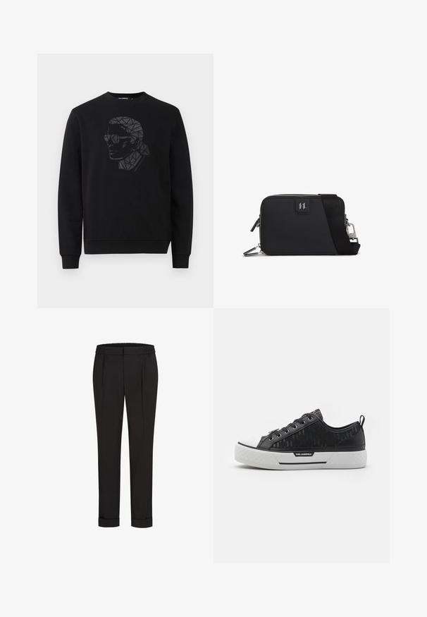 Svart sweatshirt med rund halsringning och långa ärmar. Har en geometrisk svart och grå porträttdesign på framsidan.; Svarta byxor med elastisk midja, med en rak bendesign och uppvikta fållar. Tillverkade av glatta, vävda tyger utan mönster.; Svart låg sneaker med mönstrad kanvasöverdel, vit gummikappa, texturerad sula och logotypdetalj på sidan. Metallöglor för snörning.; Svart rektangulär väska gjord av texturerat material, med dragkedjestängning, justerbar rem och en logotyp på framsidan.