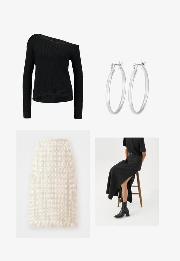 Schwarzer Strickpullover mit asymmetrischem Ausschnitt, langen Ärmeln und geripptem Textil mit lockerer Passform und Saum.; A-Linien-Rock aus hellbeigem Gewebe mit gewebtem Muster. Hoch tailliertes Design mit geradem Schnitt und ohne sichtbare Verschlüsse.; Schwarzer Leinen-Maxi-Rock mit hohem Schlitz, getragen mit einem schwarzen T-Shirt und schwarzen Knöchelstiefeln. Minimalistisches Design mit lockerer Passform.; Silberne Creolen mit einer glatten, polierten Oberfläche. Runder Form und sicherem Klickverschluss. Leichtes Design, geeignet für den täglichen Gebrauch.