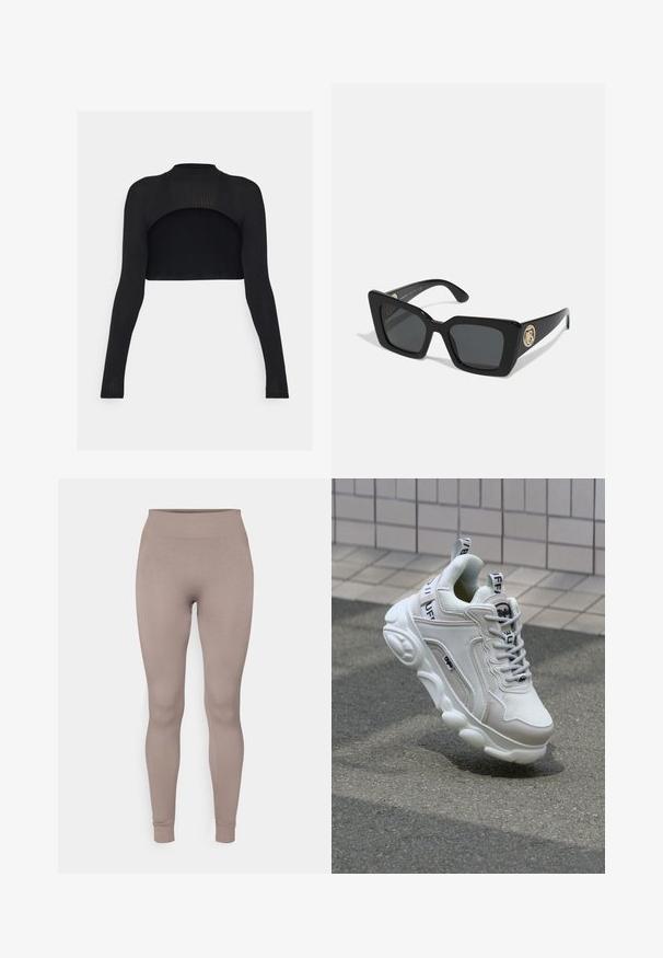 Schwarzer Strickpullover mit asymmetrischem Ausschnitt, langen Ärmeln und geripptem Textil mit lockerer Passform und Saum.; Schwarzes geripptes Crop-Top mit langen Ärmeln, hohem Kragen und offenem Rücken. Glatte Textur mit einer figurbetonten Silhouette.; Gestreifte Leggings in einem sanften Taupe-Farbton, mit hohem Bund, schmaler Passform und tapered Beinen. Hergestellt aus einem strukturierten, dehnbarem Stoff.; Weißer Sneaker aus Mesh- und Ledermaterialien, mit rundem Zehenbereich, dicker Sohle, auffälligen Schnürsenkeln sowie Branding an der Ferse und der Zunge.; Schwarze quadratische Sonnenbrille mit dunklen Gläsern und glänzenden schwarzen Bügeln. Verfügt über einen goldenen kreisförmigen Hardware-Akzent an der Seite. Insgesamt glatte Textur.