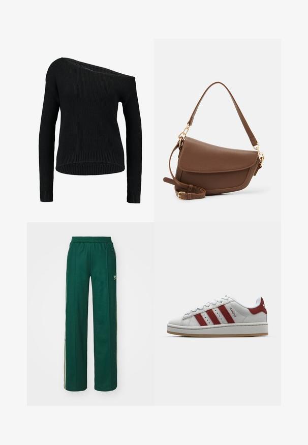 Pulover tricotat negru, cu un gât asimetric, mâneci lungi și textură ribată, cu o croială lejeră și o linie de tiv relaxată.; Pantaloni sportivi verde închis, cu o croială lejeră, având un cordon la talie, buzunare laterale și dungi crem pe laturi.; Tenisi albi din suede cu trei dungi roșii, vârf rotund, talpă plată și guler căptușit. Prezintă textul "CAMPUS" pe lateral.; Geantă de umăr din piele maro, cu un finisaj texturat, formă curbă, accesorii aurii, curea reglabilă și închidere cu clapetă.