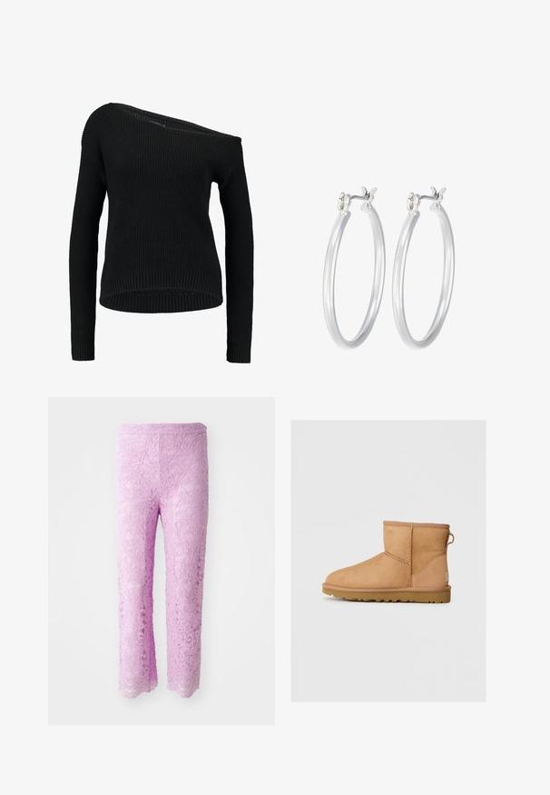 Black knitted sweater featuring an asymmetrical neckline, long sleeves, and ribbed texture with a relaxed fit and hemline.; Pink lace pants with a scalloped hem, featuring intricate floral patterns. Fabric appears lightweight and textured, designed for a fitted silhouette.; Tan suede ankle boot with round toe, stitched detailing, pull tab on back, and a textured rubber sole. Designed for comfort and warmth.; Silver hoop earrings with a smooth, polished finish. Round shape and secure click-top closure. Lightweight design suitable for everyday wear.