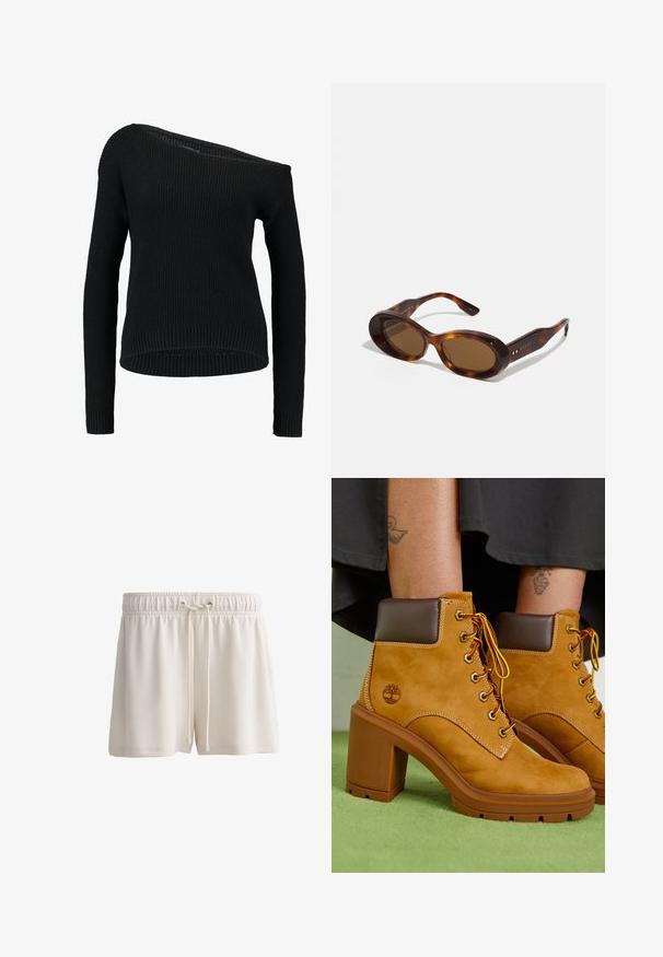 Čierny pletený sveter s asymetrickým výstrihom, dlhými rukávmi a rebrovanou textúrou, ktorý má voľný strih a lem.; Krémové šortky z mäkkého materiálu, so strečovým pásom s šnúrkou a základným strihom.; Béžové semišové členkové čižmy s hnedým golierom, zlatými očkami a žltými šnúrkami. Hrubý hnedý podpätok a detail loga na boku.; Slniečkovo hnedé slnečné okuliare s ovalnými šošovkami, zlatými akcentmi na rámčekoch. Hrubé rámy s lesklým povrchom a hladkou textúrou.
