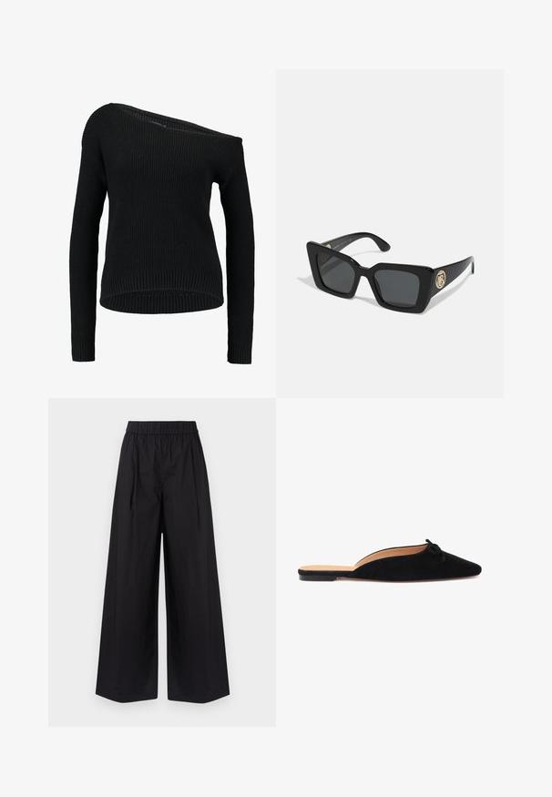 Fekete kötött pulóver aszimmetrikus nyakrésszel, hosszú ujjakkal és bordázott textúrával, laza szabással és hemline-nel.; Fekete, bő szárú nadrág, sima anyagból készült, rugalmas derékkal és látható zsebek vagy fémszíjak nélkül.; Fekete velúr slip-on cipő, hegyes orral és egy kis dekoratív masnival az orrán, lapos talppal és nyitott hátsó résszel.; Fekete négyzet alakú napszemüveg sötét lencsékkel és fényes fekete szárakkal. Az oldalán arany kör alakú fémrész található. Az egész sima textúrájú.