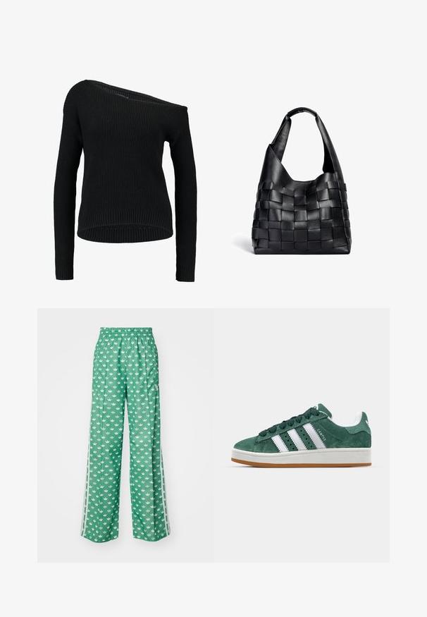 Svart stickad tröja med asymmetrisk halsringning, långa ärmar och ribbad textur, med en avslappnad passform och nederkant.; adidas Originals MONO - Träningsbyxor - preloved green; Gröna mockaskor med vita läderränder, gummisula, vadderad krage och minimalistisk design. Har varumärke på sidan.; Svart lädervävd toteväska med en avslappnad form och bred axelrem. Har en strukturerad, flätad design med en slät yta.