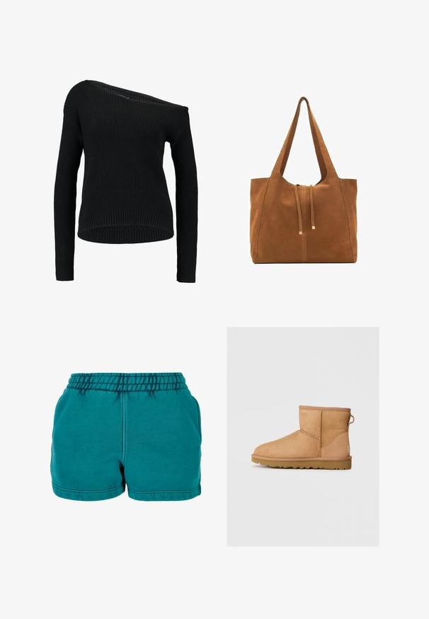 Czarny sweter z dzianiny o asymetrycznym dekolcie, długich rękawach i ribbowanej strukturze, o luźnym kroju i wykończeniu dołu.; Szorty z bawełny w kolorze teal z elastycznym pasem, bocznymi kieszeniami i detalami szwów. Gładka tekstura i casualowy design.; Beżowe zamszowe botki za kostkę z okrągłym noskiem, przeszyciami, z pętelką z tyłu i teksturowaną gumową podeszwą. Zaprojektowane z myślą o komforcie i ciepłocie.; Brązowa torba tote z zamszu z dwoma długimi paskami, zamknięciem na sznurek i minimalistycznym wzornictwem. Gładka tekstura i brak widocznych akcentów metalowych.