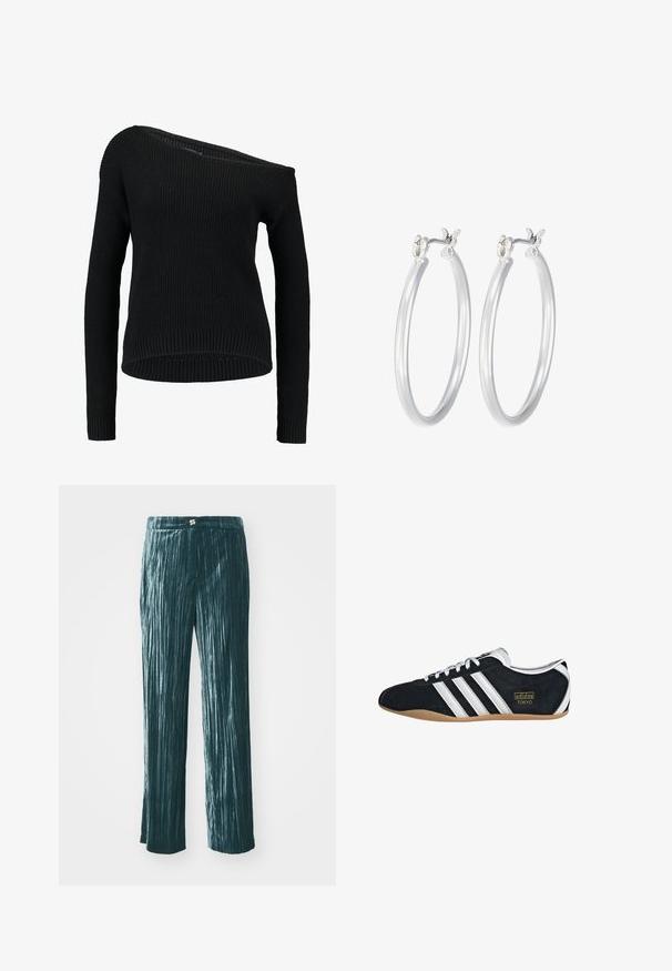 Juoda megzta džemperis su asimetriniu kaklu, ilgomis rankovėmis ir raukšlintu paviršiumi, turintis laisvą siluetą ir apatinį kraštą.; Mėlynos-žalios, raukšlėtos kelnės su plačiomis kojomis, pagamintos iš blizgaus audinio, su vertikaliomis juostelėmis tekstūrai ir juosmeniu su mažais metaliniais akcentais.; Juodas zomšinis sportbačiai su baltomis trimis juostelėmis, auksine logotipu ir rudai guma pagamintu padu. Pasižymi žemu profiliu ir raišteliais.; Sidabriniai auskarai su sklandžiu, poliruotu paviršiumi. Apvalios formos ir saugus uždarymo mechanizmas. Lengvas dizainas, tinkantis kasdieniam dėvėjimui.