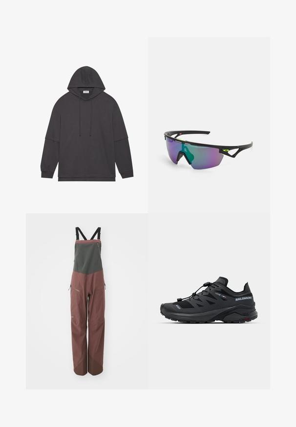 Sötétszürke kapucnis pulóver hosszú ujjal, nyakán húzózsinórral és lazán illeszkedő szabással. Simás, puha anyag, látható minták nélkül.; Patagonia SNOWDRIFTER BIBS - Sínadrág - dulse mauve; Fekete sportcipő, amely lélegző hálóból és gumiból készült. Karcsú dizájnnal, gyors fűzőrendszerrel és texturált talppal rendelkezik a tapadás érdekében.; Fekete keretes sport napszemüveg, nagy, lila és zöld árnyalatú, gradiens lencsével, szögletes formatervezési kiemelésekkel és logó részletekkel.; Fekete Patagonia deréktáska cipzáras fő rekesszel, oldalsó hálós díszítéssel és állítható pánttal. A táska elején logóval ellátva.