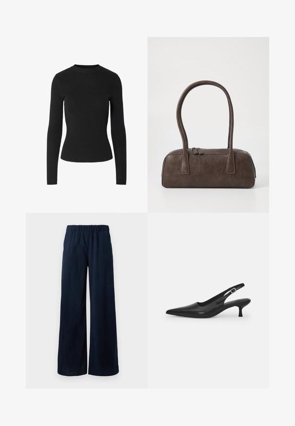 Juodas ribotas ilgomis rankovėmis megztinis su apvalia iškirpte ir aptemptu siluetu, pasižymintis lygiu paviršiumi visame megztinyje.; Tamsiai mėlynos, plačios kojų velveteen kelnės su elastine juostele, pristatomos prieš baltą foną.; Juodos odinės slingback bateliai su smailiu nosiu ir plonu, lenktu kulnu. Yra diskretiška reguliuojama juostelė su metaliniu sagtimi.; Ruda odinė rankinė su dviem tvirtais rankenėlėmis, stačiakampio formos, lygi tekstūra ir užtrauktuku. Minimalistinis dizainas be matomų raštų.