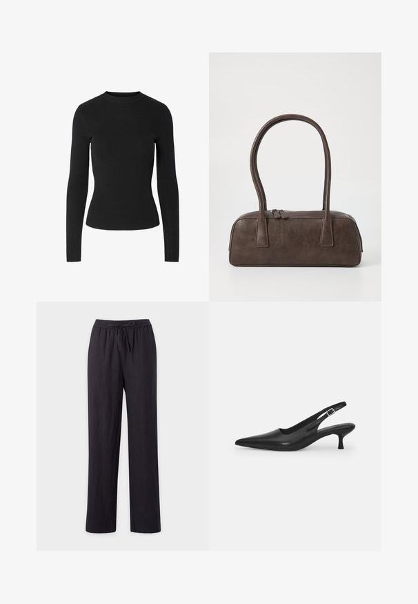 Čierny prúžkovaný sveter s dlhým rukávom, okrúhlym výstrihom a priliehavým strihom, s hladkou textúrou po celej ploche.; Čierne, ľahké nohavice s rovnými nohavicami, elastickým pásom a šnúrkou. Hladká textúra, žiadne viditeľné vzory ani kovové prvky.; Čierne kožené sandále s úzkym špičatým prstom a štíhlym zakriveným podpätkom. Majú diskrétny nastaviteľný popruh s kovovou sponou.; Hnedá kožená kabelka s dvoma pevným uchami, obdĺžnikovým tvarom, hladkým povrchom a zipsovým uzáverom. Minimalistický dizajn bez viditeľných vzorov.
