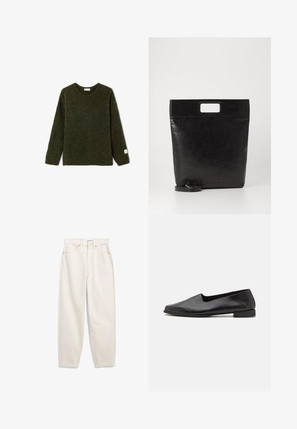 Pull en tricot vert foncé avec un col rond et des manches longues. Présente un tissu texturé et une petite étiquette sur l'ourlet de la manche gauche.; Polo shirt marron à manches courtes en matière côtelée avec col et patte de boutonnage à trois boutons. Il présente une couleur unie et une coupe décontractée.; Jeans en denim couleur crème avec une coupe ample, cinq poches, quincaillerie en cuivre et couture ton sur ton. Présente une fermeture à bouton et des passants de ceinture.; Chaussure plate en cuir noir avec une texture lisse. Présente un petit talon rectangulaire et un bout arrondi. Design simple avec des accents minimalistes.; Sac fourre-tout en cuir noir avec une poignée carrée, arborant une finition texturée et un logo en relief. Comprend une bandoulière amovible.