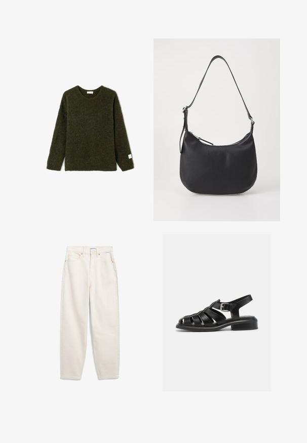 Maglione lavorato a maglia verde scuro con scollatura rotonda e maniche lunghe. Presenta un tessuto testurizzato e una piccola etichetta sull'orlo della manica sinistra.; Polo shirt marrone a maniche corte realizzato in materiale a coste, con colletto e patta con tre bottoni. Presenta un colore uniforme e una vestibilità rilassata.; Jeans in denim color crema con una vestibilità ampia, cinque tasche, hardware in rame e cuciture tonali. Presentano una chiusura con bottone e passanti per cintura.; Sandali neri in pelle con design a cinturini, punta aperta e fibbia alla caviglia. Presentano un tacco basso a blocco e una superficie liscia e opaca.; Borsa a spalla in pelle nera con forma curva, chiusura con zip e tracolla regolabile. Presenta un marchio impresso sul davanti.