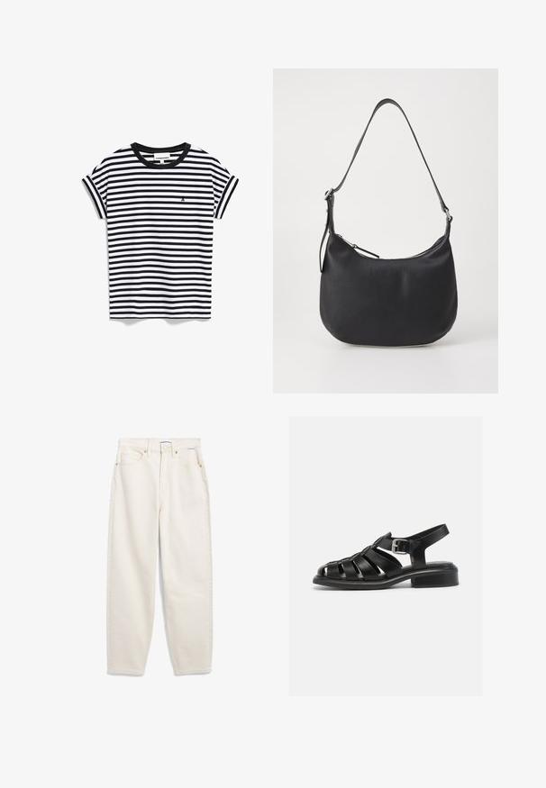 Dunkelgrüner Strickpullover mit Rundhalsausschnitt und langen Ärmeln. Mit strukturiertem Stoff und einem kleinen Etikett am linken Ärmelaufschlag.; Schwarz-weißer gestreifter T-Shirt mit kurzen Ärmeln, einem schwarzen gerippten Rundhalsausschnitt und einem kleinen Logo auf der linken Brustseite.; Cremfarbene Denim-Jeans mit lockerer Passform, fünf Taschen, Kupferbeschlägen und passendem Nähten. Mit Knopfverschluss und Gürtelschlaufen.; Schwarze Leder-Sandalen mit einem Riemendesign, offenem Zehenbereich und Knöchelverschluss. Sie verfügen über einen niedrigen Blockabsatz und eine glatte, matte Textur.; Schwarze Leder-Umhängetasche mit geschwungener Form, Reißverschluss und verstellbarem Tragegurt. Auf der Vorderseite mit eingeprägtem Logo.