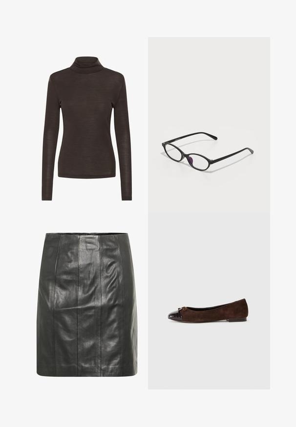 Ruskea pitkähihainen poolsikauluspaita, jossa on kapea malli, valmistettu kevyestä, hieman läpikuultavasta kankaasta.; Musta nahkahame, jossa on vartalonmukainen siluetti, pystysaumojen ansiosta lisää rakennetta ja sileä viimeistely.; Valkoiset mokkanahkakengät, joissa on kiiltävä tummanruskea lakattu varvaskappale ja pieni nauha koristeluna edessä. Litteä korko.; Musta muovinen silmälasi, jossa on soikea muoto, läpinäkyvät linssit ja yksi violetti korostus vasemmassa linssissä. Tyylikäs, minimalistinen muotoilu.; Kehä, ruskea nahkalaukku, jossa on jämäkkä muotoilu, kaksinkertaiset kahvat ja kultasävyinen solkiyksityiskohta. Sujuva pinta ja pyöristetyt kulmat.