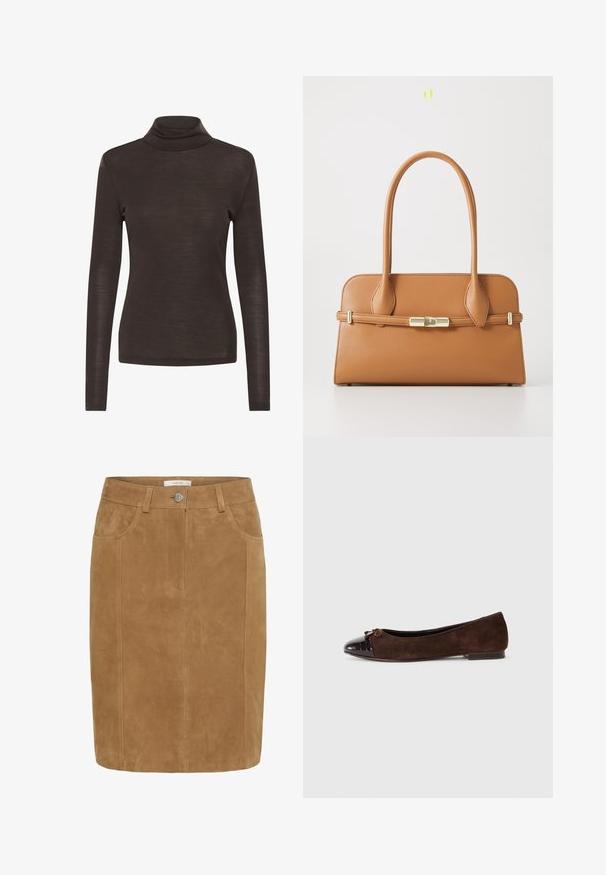 Hnedý dlhý rukáv turtleneck so slim fit strihom, vyrobený z ľahkej, mierne priesvitnej látky.; Hnedá semišová ceruzková sukňa s hladkou textúrou, prednými vreckami, gombíkovým zapínaním a vertikálnymi švovými detailmi.; Hnedé semišové balerínky s lesklou tmavohnedou lakovanou špičkou a malou mašľou v prednej časti. Plochý podpätok.; Kožená taška v hnedej farbe so štruktúrovaným dizajnom, dvojitými uchami a zlatým detailom na zatváraní. Hladký povrch s okrúhlymi rohmi.