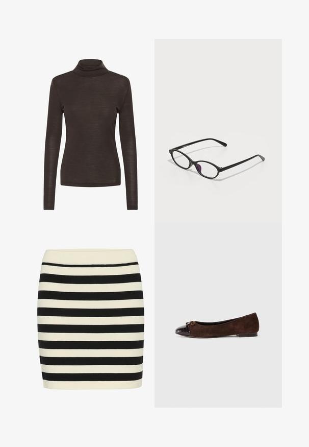 Brūns garām piedurknēm turtlenecks krekls ar šauru piegriezumu, izgatavots no viegla, nedaudz caurspīdīga auduma.; Melna un krēmkrāsas svītraina adīta svārku kleita, pieguloša forma ar ribota jostasvietu. Horizontālas svītras mainās platumā, radot vizuālu tekstūru.; Biežie zamšādas baleta kurpes ar glancētu tumši brūnu lakotā āda purngaliem un nelielu loku akcentu priekšā. Līdzena papēža.; Melnas plastmasas briļļu ietvaras ar ovālveida formu, kam ir caurspīdīgi lēcas un viens purpursarkans akcenti uz kreisās lēcas. Moderns, minimālistisks dizains.; Brūna ādas somiņa ar strukturētu dizainu, divām rokturiem un zeltīta tonī aizdares detaļām. Gluda tekstūra ar noapaļotiem stūriem.