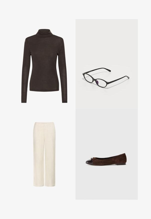 Braunes Langarm-Turtleneck-Shirt mit schmaler Passform, aus leichtem, leicht durchscheinendem Stoff.; Leinenhosen in Off-White mit geradem Bein, seitlichen Taschen und einer glatten Textur mit einem dezenten Webmuster.; Braune Wildleder-Balletschuhe mit einer glänzenden dunkelbraunen Lackleder-Zehenkappe und einem kleinen Schleifenakzent vorne. Flacher Absatz.; Schwarze Kunststoffbrille mit ovaler Form, ausgestattet mit klaren Gläsern und einem lila Akzent auf dem linken Glas. Elegantes, minimalistisches Design.; Tasche aus cognacfarbenem Leder mit strukturiertem Design, zwei Griffen und einem goldfarbenen Verschlussdetail. Glatte Textur mit abgerundeten Ecken.