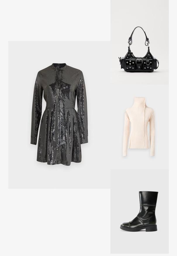 Pull en col roulé à côtes de couleur beige clair. Il dispose de manches longues et d'un design ondulé unique le long du col, fabriqué en maille douce.; Robe noire à paillettes avec des manches longues et un col haut, présentant un corsage ajusté et une jupe évasée. Texture réfléchissante sur l'ensemble.; Bottine en cuir noir avec un bout rond, finition lisse, coutures contrastées et un talon bloc, présentant une silhouette légèrement effilée.; Sac à main en cuir noir au design courbé, avec des clous en argent, une boucle et deux poches latérales. Bandoulière réglable pour différentes options de transport.