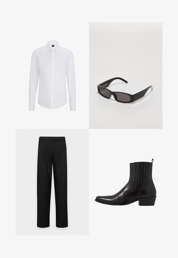 Fekete pamut pulóverek, kerek nyakkivágással, hosszú ujjakkal, bordás mandzsettákkal és szegélyekkel, egymásra helyezett elrendezésben.; Fehér, hosszú ujjú, gombos ing hegyes gallérral, sima anyagból készült, elülső gombolással és lekerekített hemrésszel.; Fekete nadrág sima anyagból, egyenes szárú fazonnal, két elülső redővel és közönséges derékkal, övhurkokkal.; Fekete bőr ankle boot, hegyes orral, rugalmas oldalpanellel, függőleges varrásokkal és alacsony blokk sarokkal.; Fekete téglalap alakú napszemüveg sötét lencsékkel, sima műanyag kerettel és egy diszkrét logóval a bal karon. Minimalista dizájn.